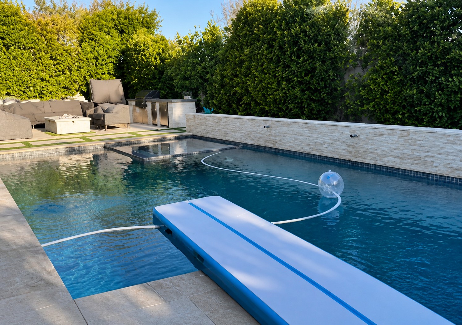 Finished swimming pool and spa with a diving board