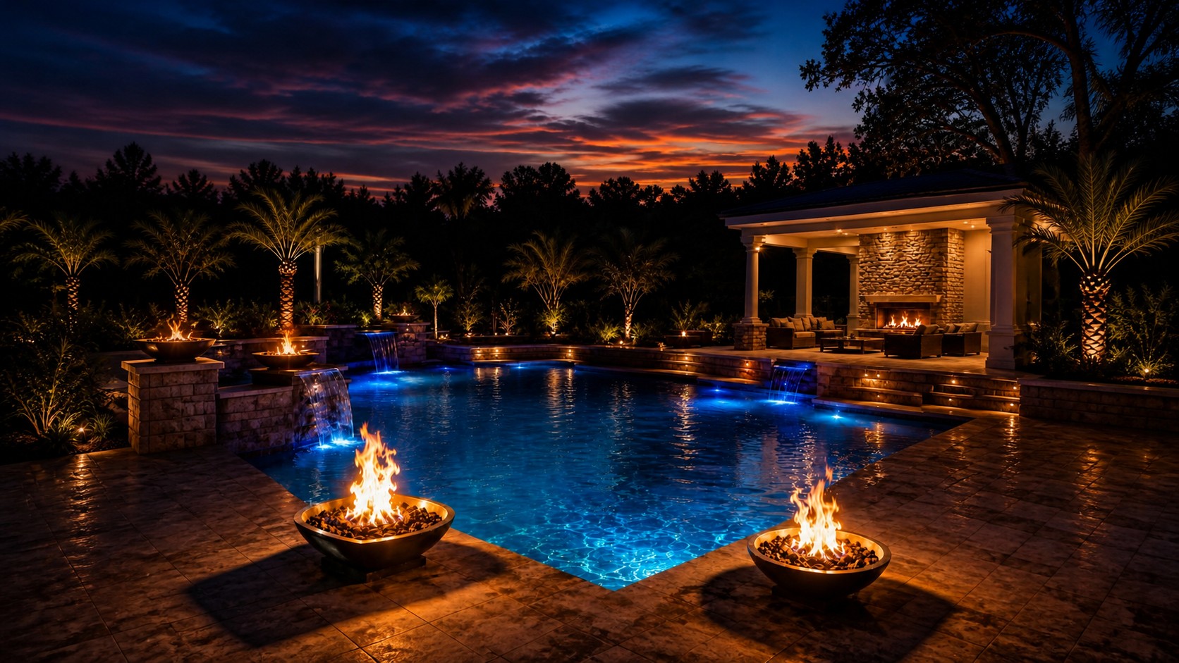 Finished pool with illuminated water features and fire bowls at dusk